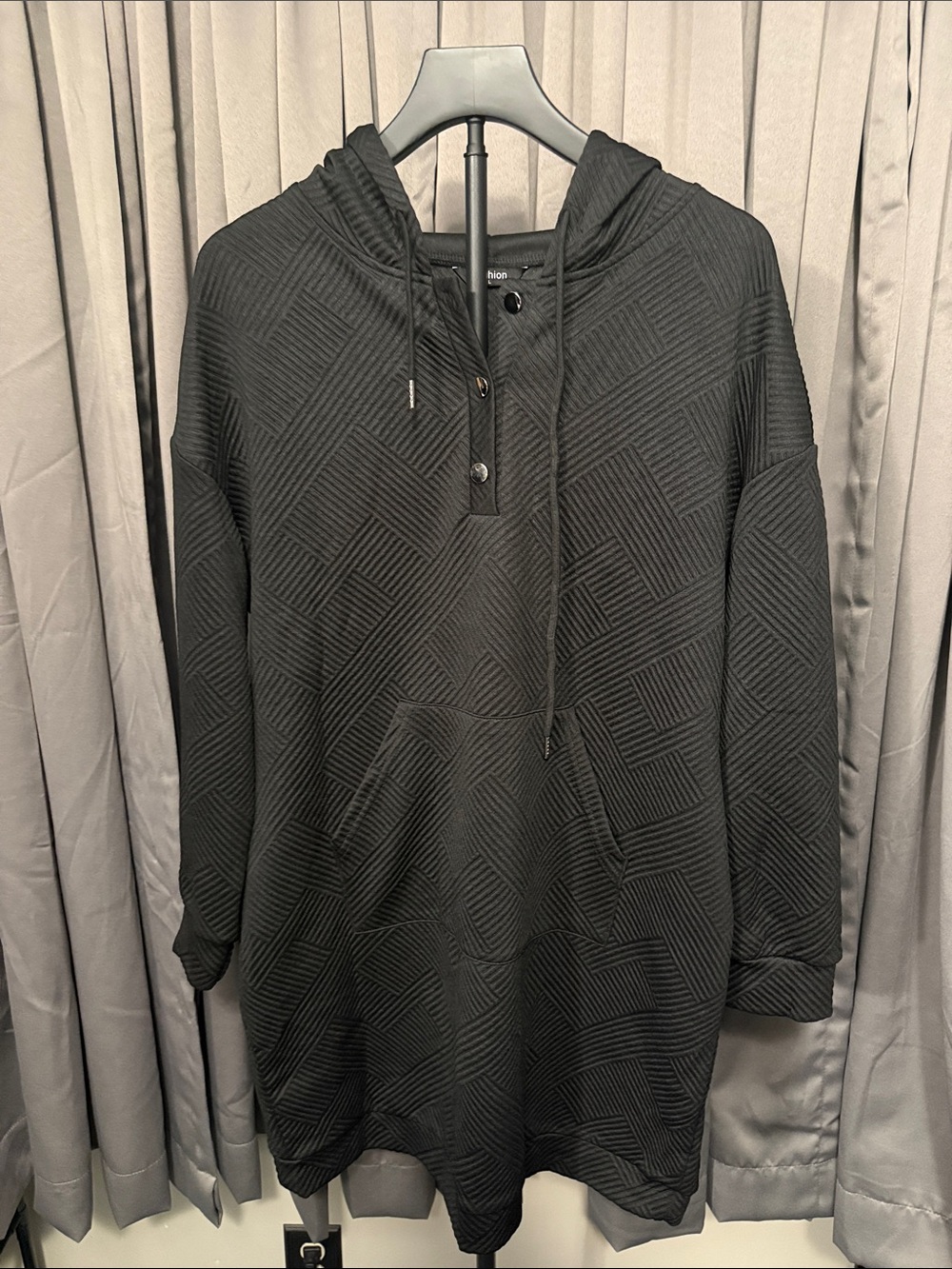 Great for Fall Black Textured Hoodie Mini Dress